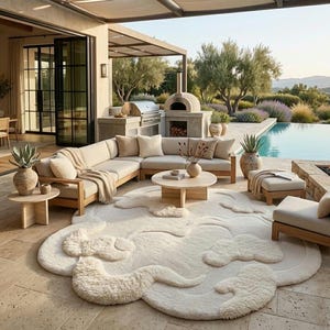 May include: A large, cream-colored, cloud-shaped area rug with a textured, tufted surface featuring raised, swirling patterns. The rug is placed on a stone patio in front of a wooden sectional sofa with beige cushions, a round wooden coffee table, and ottomans.