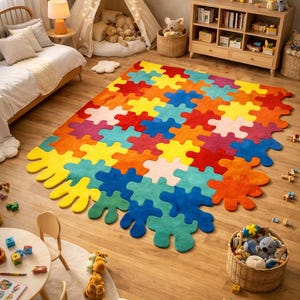 May include: A colorful jigsaw puzzle rug in a child's playroom. The rug features interlocking pieces in shades of red, orange, yellow, green, blue, and pink. The rug is placed on a wooden floor, surrounded by toys and furniture.