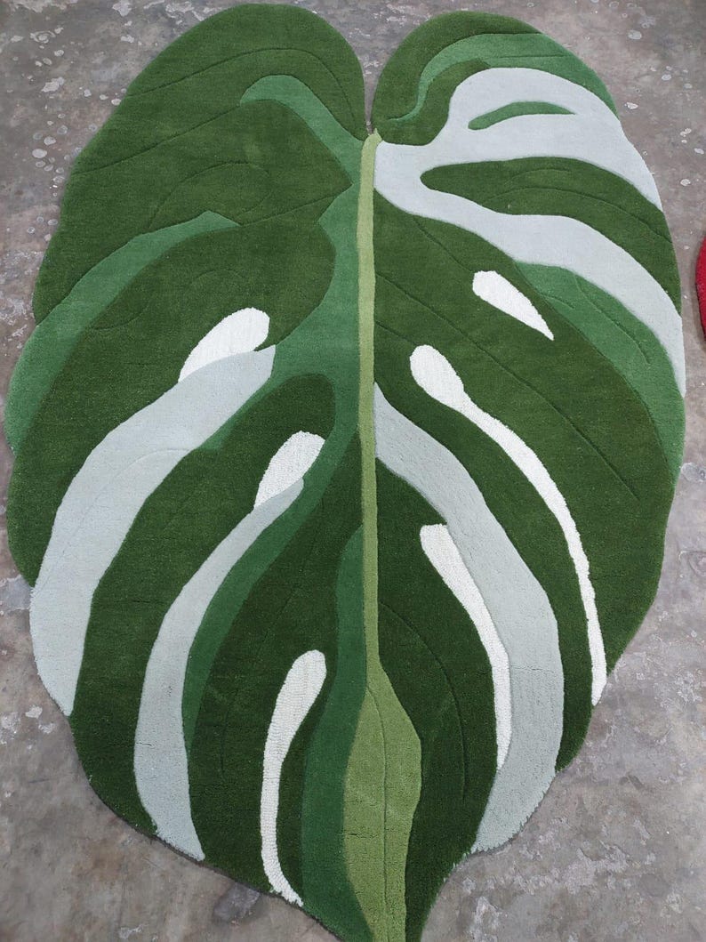 Monstera Leaf Rug – Botanical Handmade Wool Area Carpet, Tropical ...