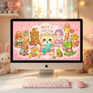 May include: A desktop computer with a pink screen displaying a cartoon image of cute animals. The image includes a cat holding a fish, a bear with honey, and other animals. The text "Have a nice day!" is also visible. A pink keyboard and mouse are in front.