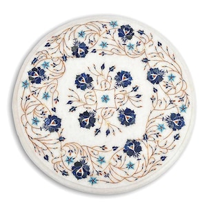 Handmade Marble Inlay Table Top – Pietra Dura Floral Art Coffee Side Table (15 Inch)