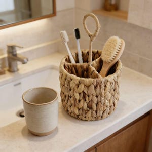 Woven Water Hyacinth Caddy, Divided Handle Basket, Natural Grass Organizer, Rustic Farmhouse Decor