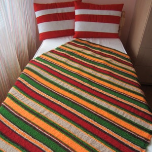 Hand Knitted Stripes Afghan...Colorful Knitting Blanket...