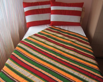 Hand Knitted Stripes Afghan...Colorful Knitting Blanket...