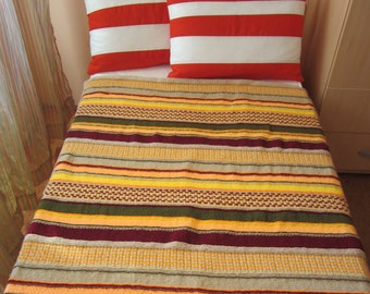 Hand Knitted Stripes Afghan...Colorful Knitting Blanket...