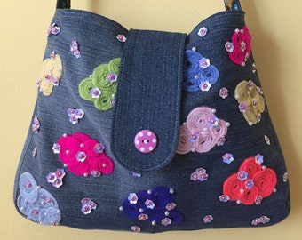 Hand embroidered denim bag