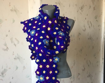 Granny Square Crochet Scarf - puff flowers