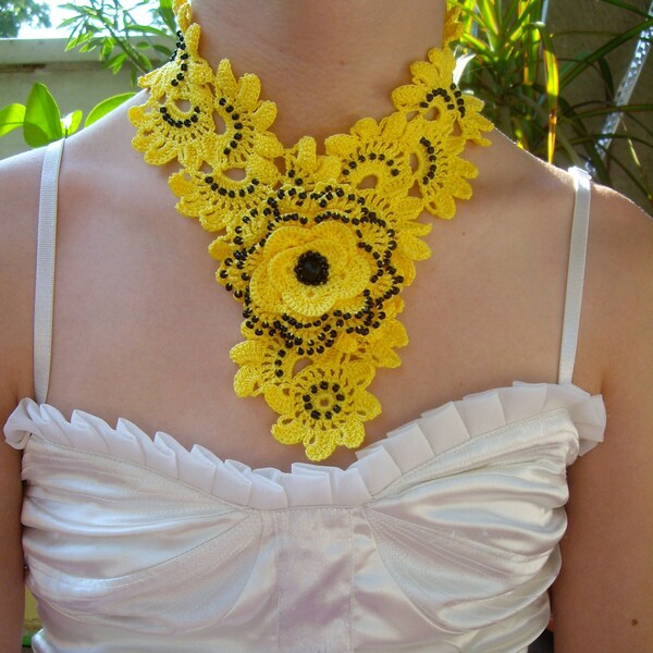 Crochet Necklace Yellow Rose Jewelry