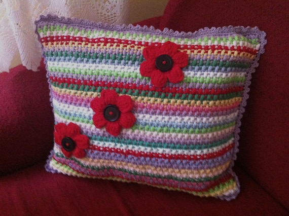 Crochet striped pillow...Multicolor handmade cushion...