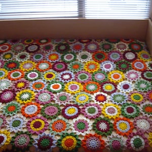 May include: A crocheted blanket made of colorful flower-shaped motifs. The blanket is made with a variety of colors, including red, orange, yellow, green, blue, and purple.