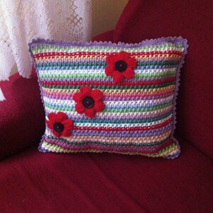 May include: A colorful striped crocheted pillow with three red fabric flowers with black button centers.