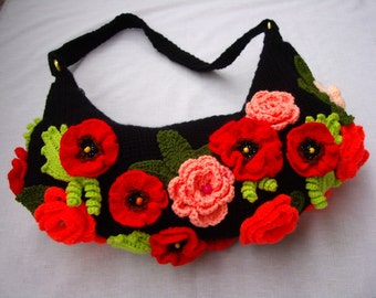 Crochet Handbag Roses and Poppies Handmade Purse