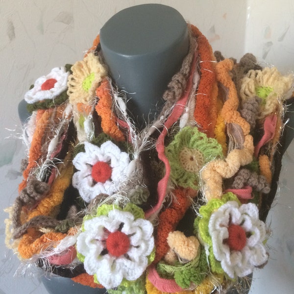 Free form crochet scarf with  flowers