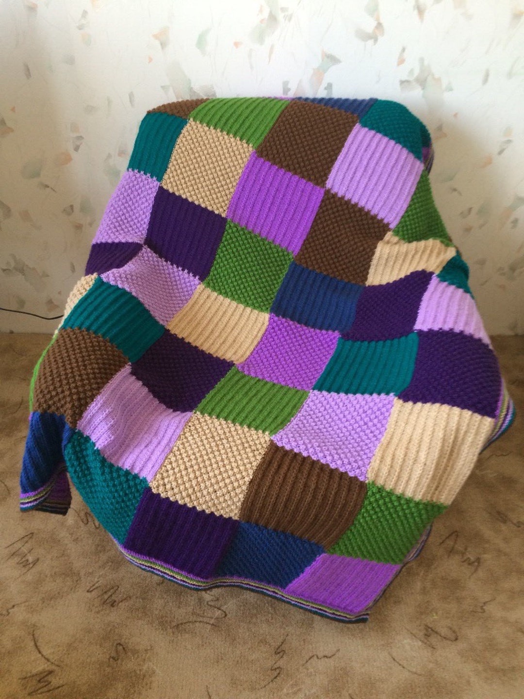Hand Knitted Squares Afghan...colorful Knitting Blanket... Etsy