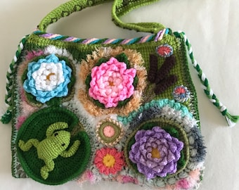 Free Form lotos bag...Art Pouch... 3D Irish Crochet Bag...