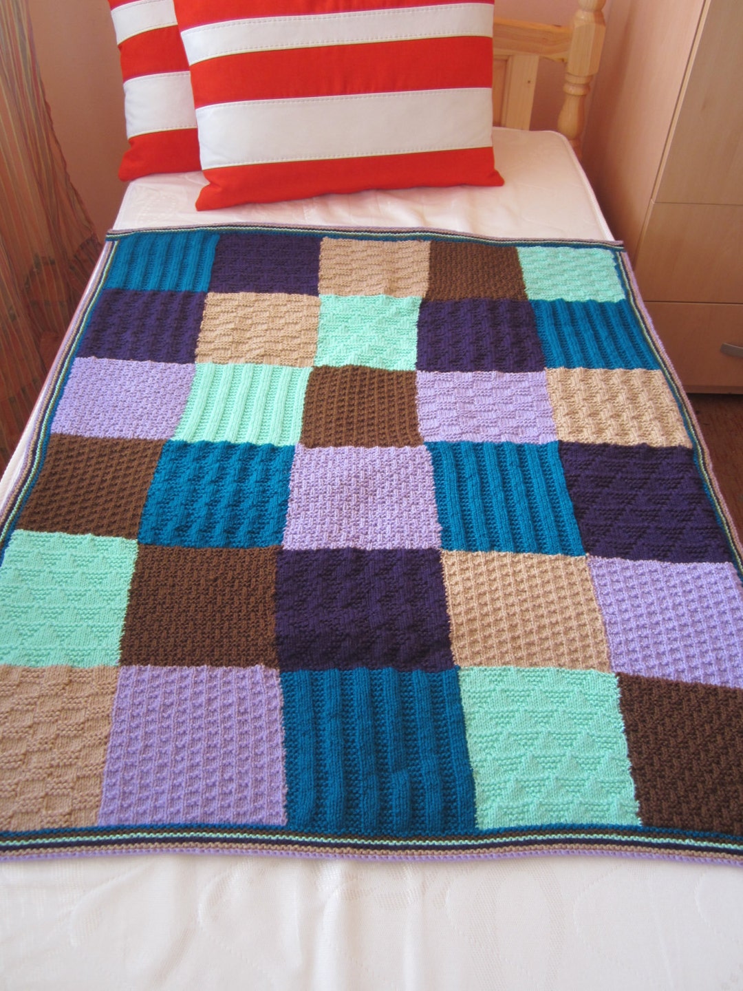 Hand Knitted Squares Afghan...colorful Knitting Blanket...baby Crib