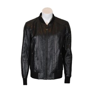 Men's Black 100% Real Leather Python Snake Print | Bomber Jacket All Over Exotic Texture Zipper Luxury Streetwear Flight Coat