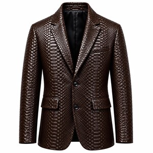 Men's Brown Python Snake Print Leather Blazer, Genuine Leather Suit Jacket, Slim Fit Textured Blazer, Handmade Real Leather Coat for him