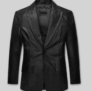 Men's Black Python Snake Print Leather Blazer, Genuine Leather Suit Jacket, Slim Fit Textured Blazer, Handmade Real Leather Coat for him