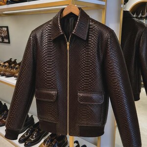 Men's Brown Snakeskin Print Leather Jacket, Python Embossed Bomber Jacket, Genuine Leather Flight Jacket, Gift for Him, Custom Size