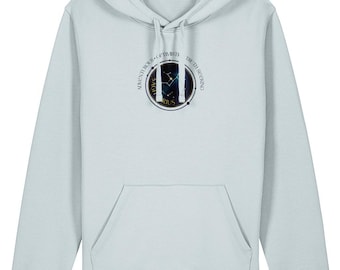 May include: A light blue hoodie with a front pocket and drawstring hood. The front features a circular graphic with the text "SAGITTARIUS" and "ADVENTUROUS OPTIMISTIC TRUTH SEEKING" around a constellation design.