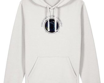 May include: White hooded sweatshirt with a front pocket and drawstring. The sweatshirt features a circular graphic with the words "Harmonious, Fair, Charming" around a blue and white design. The word "LIB" is also visible.