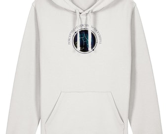 May include: White hoodie with a front pocket and drawstring hood. The front features a circular design with a constellation and the words "perceptive, dedicated, thoughtful" in a circular pattern. The hoodie is made of a soft material.