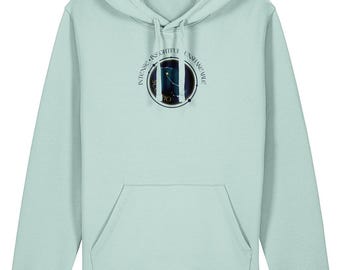 May include: A light blue hoodie with a front pocket and drawstring hood. The front features a circular graphic with the words "Intense, Insightful, Unshareable" around a zodiac symbol. The graphic is in shades of blue and gold.