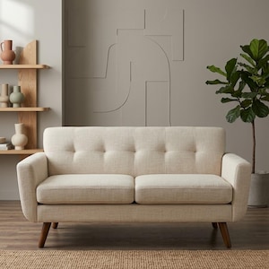 May include: A two-seater sofa upholstered in a light beige textured fabric featuring a tufted backrest with four buttons, rounded armrests, and four tapered wooden legs. The sofa has a structured frame with two seat cushions and a backrest.