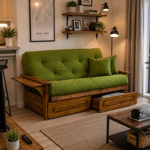 May include: A wooden futon sofa with a tufted green mattress, featuring a side table armrest and two pull-out storage drawers underneath the frame. The sofa includes a matching green square throw pillow and is positioned in a living room setting.