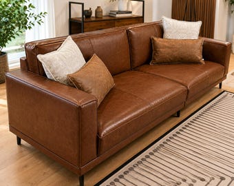Modern Luxury Brown Faux Leather Sofa – Mid Century 3 Seat Living Room Couch