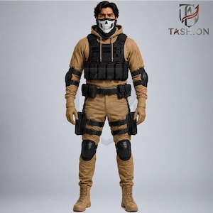 May include: A tan hooded sweatshirt and matching pants outfit featuring a black tactical vest, belt, and thigh holsters. The ensemble includes black elbow pads, knee pads, and a skull-patterned face mask. The TASHION logo is visible in the top right corner.
