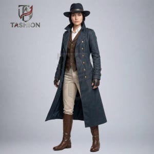 May include: A dark blue long trench coat with gold buttons, worn over a brown waistcoat, white collared shirt, and beige trousers. The outfit includes a dark fedora hat, brown leather gloves, and brown leather boots. The TASHION logo is visible.