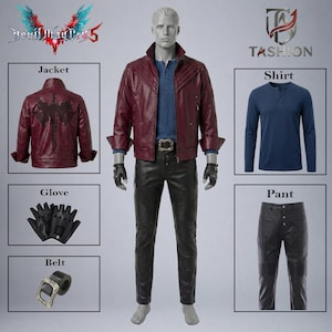 May include: A Devil May Cry 5 costume set featuring a burgundy leather jacket with a back emblem, a blue long-sleeve henley shirt, black leather pants with ribbed knee detailing, fingerless black leather gloves, and a black belt with a metal buckle.