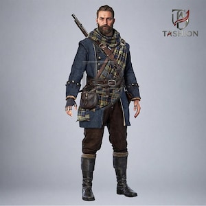 May include: A bearded figure wearing a dark blue textured coat, brown trousers, and black leather boots. A yellow, blue, and green plaid scarf is draped over the shoulder, secured by a brown leather belt and pouch. A long rifle is carried on the back.