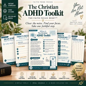Può includere: Un kit di strumenti cristiano per l'ADHD stampabile di cinque pagine con pagine intitolate Brain Dump, Today's Focus, Master Page, When I'm Overwhelmed e 30-Day Consistency Tracker. I documenti includono testo, liste e guida spirituale.