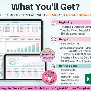 May include: Digital budget planner template displayed on two tablets. The template includes 28 tabs and is designed for instant download. Features include a YouTube video tutorial, bank account tracking, and debt tracking. The design is beginner-friendly.