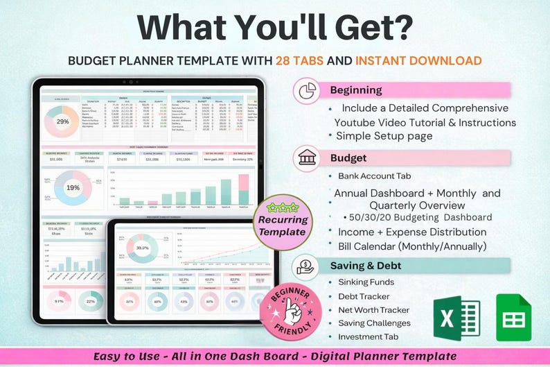 May include: Digital budget planner template displayed on two tablets. The template includes 28 tabs and is designed for instant download. Features include a YouTube video tutorial, bank account tracking, and debt tracking. The design is beginner-friendly.