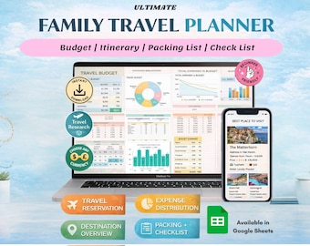 Planificador de viajes familiares / Seguimiento de itinerarios y presupuesto / Organizador de vacaciones y luna de miel / Plantilla de Google Sheets / Descarga digital