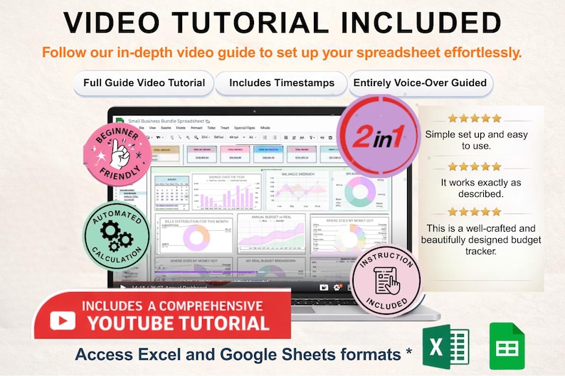 May include: A laptop screen displays a spreadsheet with charts and graphs. The image includes text that says "Video Tutorial Included" and "Includes a Comprehensive YouTube Tutorial." There are also icons indicating beginner-friendly, automated calculation, and instruction included.