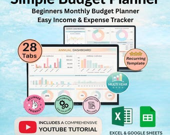 Hoja de cálculo de presupuesto sencilla para Google Sheets / Planificador de presupuesto mensual para principiantes / Rastreador de ingresos y gastos fácil / Plantilla de finanzas personales