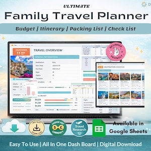Ultimate Family Travel Planner| Itinerary and Vacation Budget Tracker Spreadsheet | Holiday Organizer | Road Trip Planner | Packing list