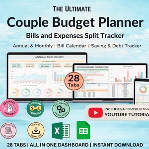 Couples Budget Planner Spreadsheet | Google Sheets Shared Budget Tracker | Annual Couple Finance Planner | Bills and Expenses Split Tracker