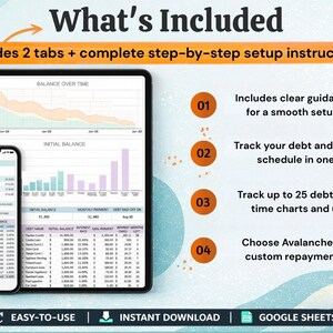 May include: Digital financial planning template displayed on a tablet and smartphone. The image includes charts, graphs, and text that reads "What's Included" and "Easy-to-Use". The template includes 2 tabs and step-by-step instructions.