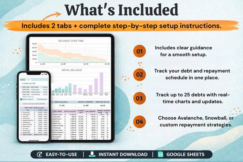 May include: Digital financial planning template displayed on a tablet and smartphone. The image includes charts, graphs, and text that reads "What's Included" and "Easy-to-Use". The template includes 2 tabs and step-by-step instructions.