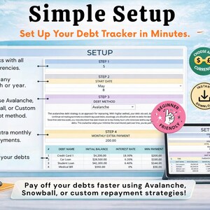 May include: A digital debt tracker setup guide with the text "Simple Setup" and "Set Up Your Debt Tracker in Minutes." The guide includes steps, currency options, and debt repayment methods. A laptop and smartphone display the tracker.