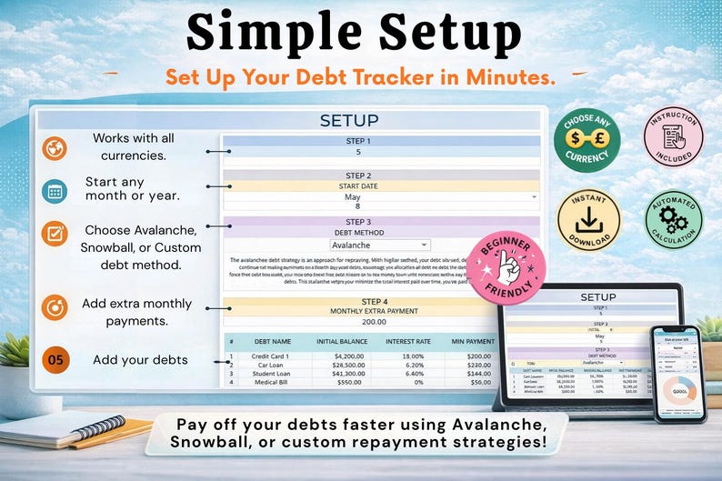 May include: A digital debt tracker setup guide with the text "Simple Setup" and "Set Up Your Debt Tracker in Minutes." The guide includes steps, currency options, and debt repayment methods. A laptop and smartphone display the tracker.