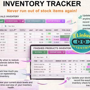 May include: An inventory tracker interface displays raw materials and finished products. The interface shows stock levels, reorder information, and total value. Text reads "INVENTORY TRACKER" and "Never run out of stock items again!"