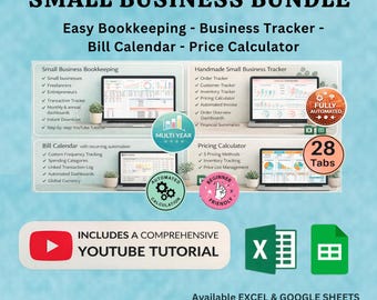 Paquete de herramientas para pequeñas empresas: hoja de cálculo, contabilidad, inventario y seguimiento de pedidos, calculadora de precios de productos artesanales, Google Sheets y Excel.