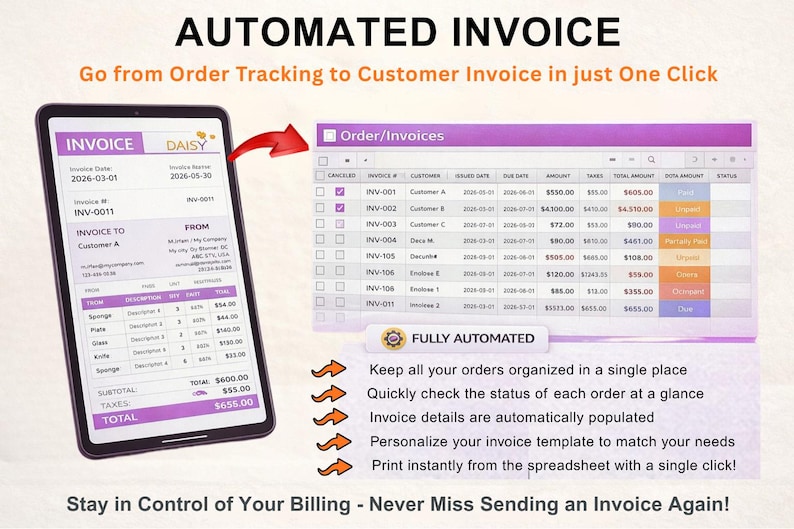May include: A digital invoice on a tablet screen, with the text "AUTOMATED INVOICE" at the top. The screen displays invoice details and a spreadsheet of orders. The text reads "Go from Order Tracking to Customer Invoice in just One Click".